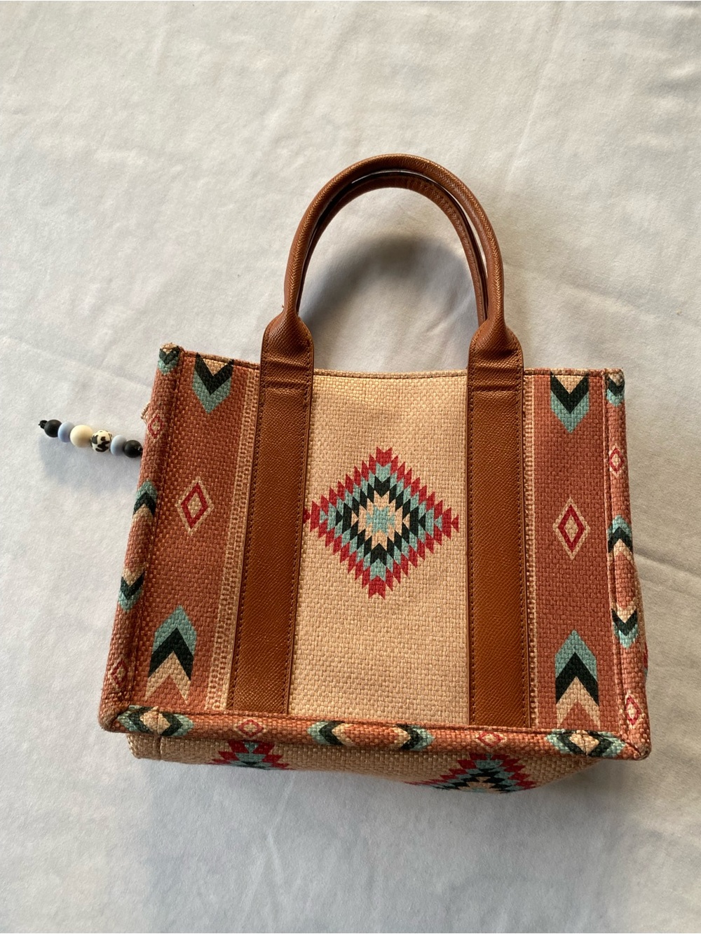 Southwestern Geometric Print Canvas Tote Bag with Leather like Handles